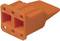 Orange plastic plug with four holes on the front, suitable for connecting electrical devices.<br><br>Note: The translation is already in a form of British English, as no specific regional variations were needed.