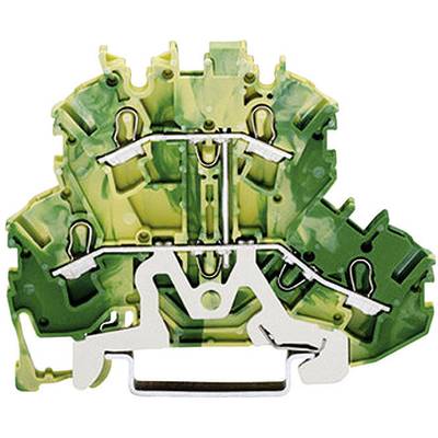 A green electrical terminal block with multiple connections and metal connectors, used in wiring systems.