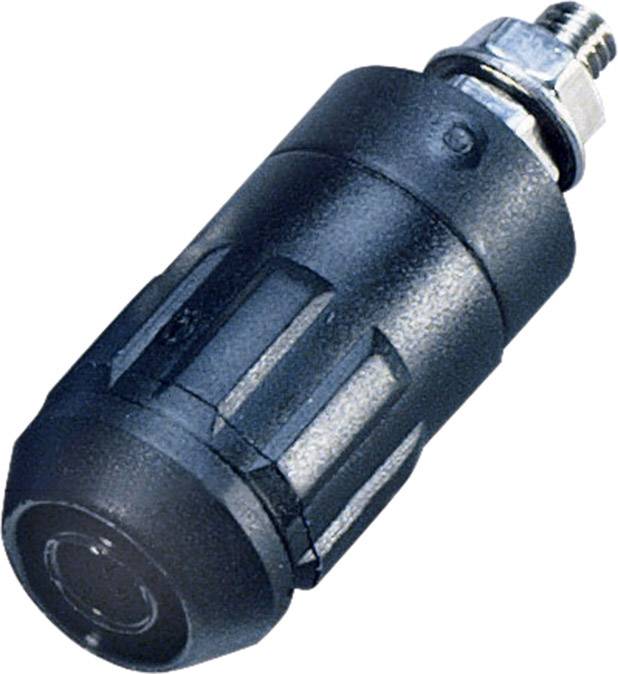 A black, cylindrical electrical connector with a metal pin at one end, typically used for cable connections.