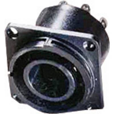 A round black plug socket with four screws on a mounting plate. Suitable for electrical connections.