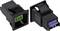 Two black electrical connectors with green and purple terminal blocks, shown from the side, suitable for technical applications.