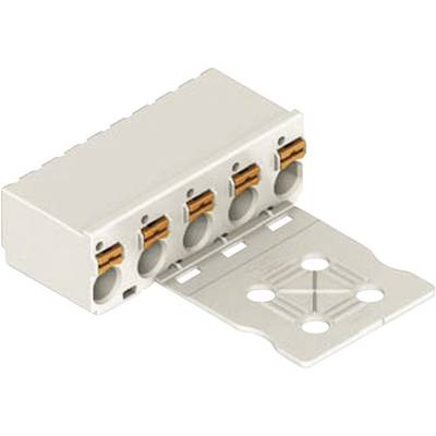 A white, rectangular electrical connector with four sockets and a foldable mounting plate.
