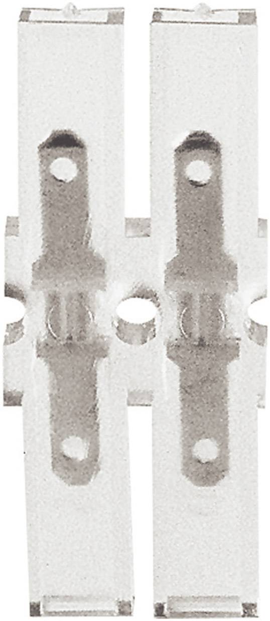 A transparent plastic connector with two parallel-running rails, suitable for use in electrical applications.