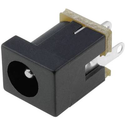 'Black DC socket with two metal connectors and a plastic housing, for powering electronic devices.'