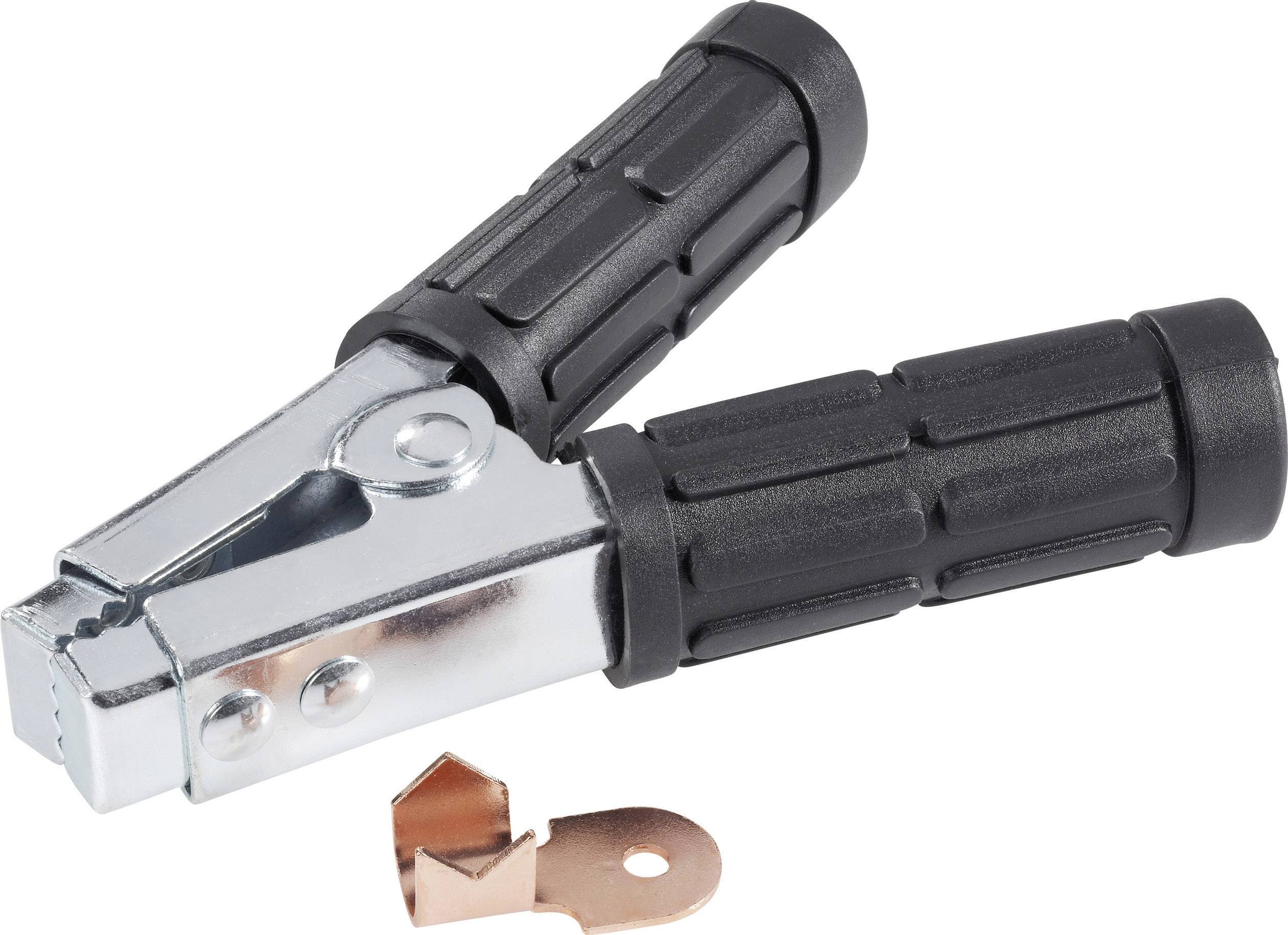'Black battery terminal with copper connection, suitable for battery or electrical applications. Robust grip structure.'