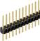 Gold-plated pin header with multiple pins in a single row, used for electrical connections on printed circuit boards.