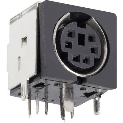 A black, rectangular DIN socket with metal contacts, commonly used for audio or MIDI connections.