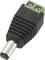 Black DC screw plug with two green screw terminals, plus and minus signs engraved.