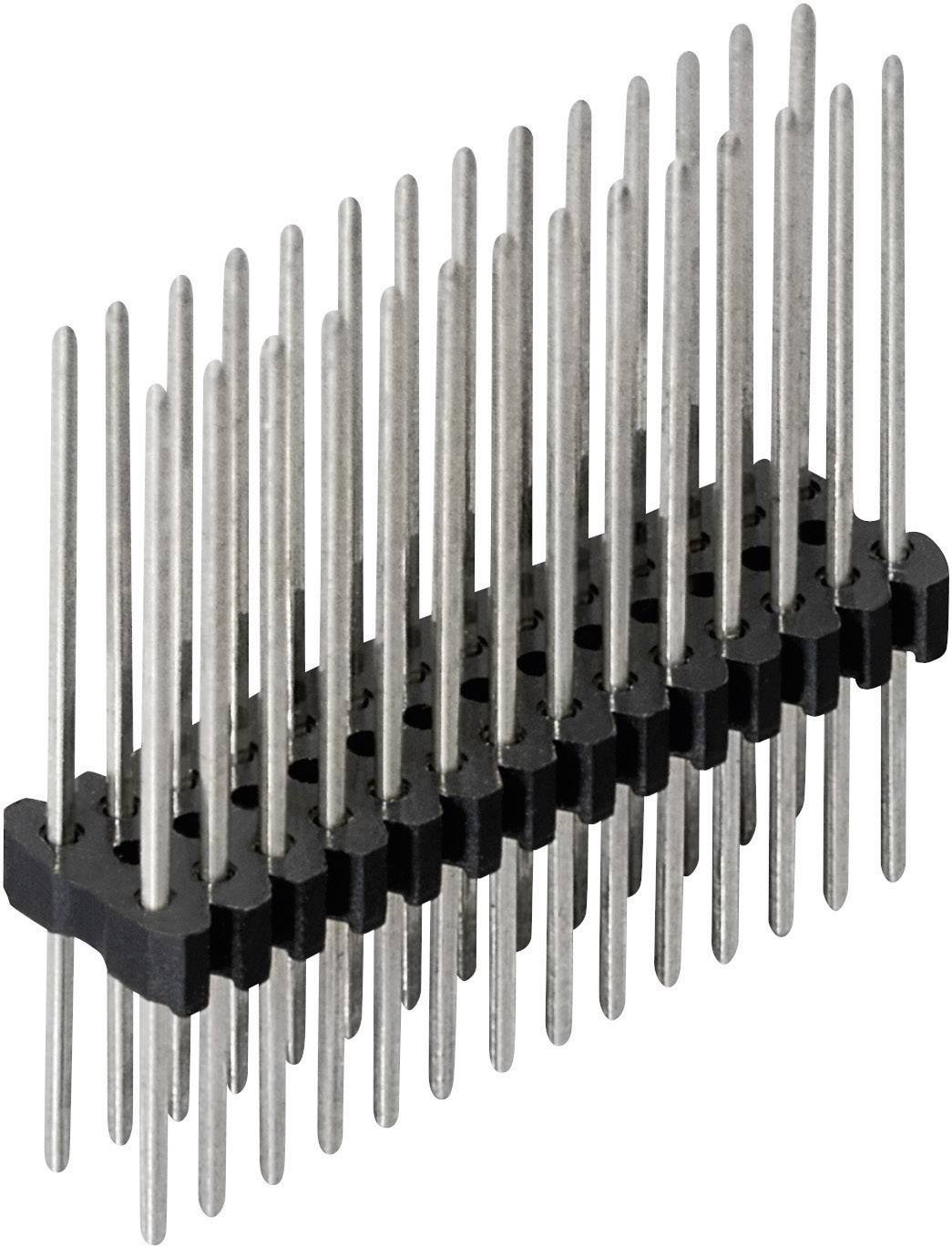 A vertical pin header connector with metallic pins arranged in rows, used for electronic connections on printed circuit boards.