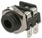 Audio socket with two metal pins, suitable for mounting on a printed circuit board. Black plastic housing with metallic accents.