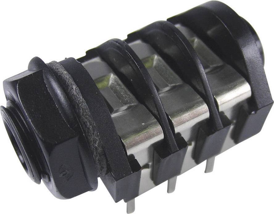 Electrical jack socket with a black housing and metal contacts, suitable for audio connections in electronic devices.