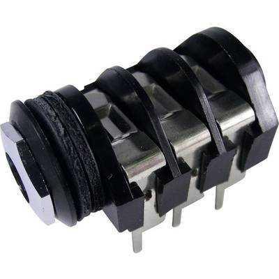 A black audio jack plug with four metal pins for securing, commonly used in electronic devices.