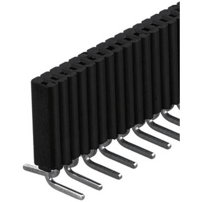 A black pin header connector with multi-row, bent metal pins used for electronic connections.