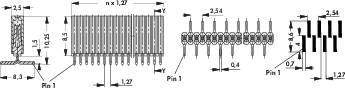 Technical drawing of electronic connectors with detailed dimensions and connections, side and front views.