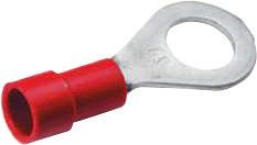 A red cable lug with a metal eyelet for electrical connections.