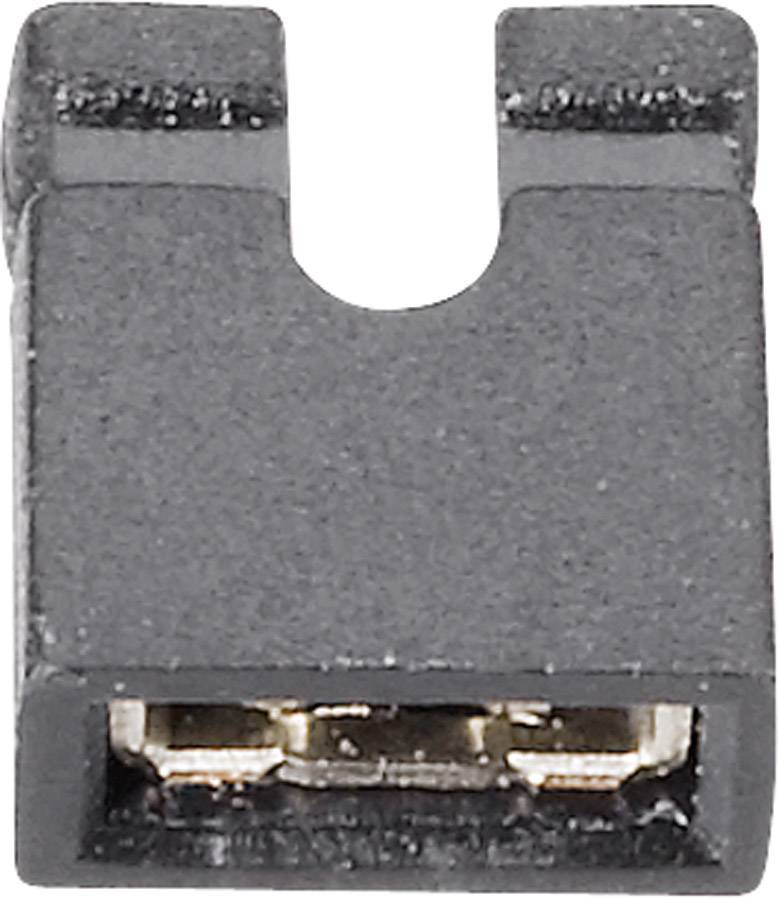 A black jumper plug for connecting two pins on a circuit; used for configuring hardware settings.