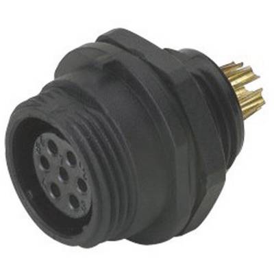 'Black, round plug with gold-coloured contacts and multiple connection holes, shown from the side.'