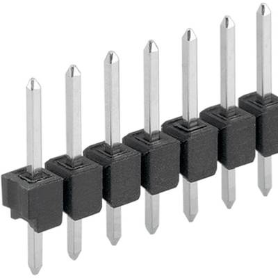 Several straight pins, vertically arranged and separated by black plastic mounting brackets, suitable for electronic connectors.