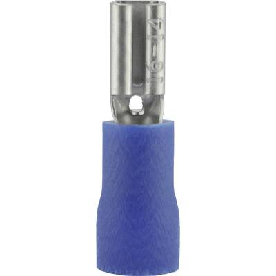 A blue insulated cable lug with a metal loop at the top. Suitable for wire sizes from 16–14 AWG. Used in electrical connections.