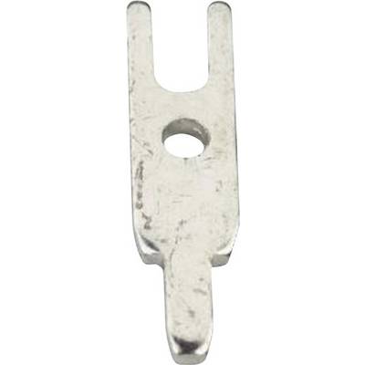 A metal component in the shape of a flat tongue with two forked ends and a hole in the centre. Commonly used as a cable lug or connector.