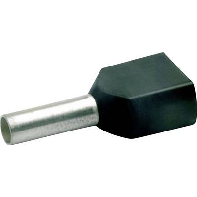 Pictured is an isolated cable end ferrule with metal tube for electrical connection, black plastic head, side view.