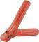 An orange jump lead clip with insulated handles, used for safely connecting car batteries when jump-starting.