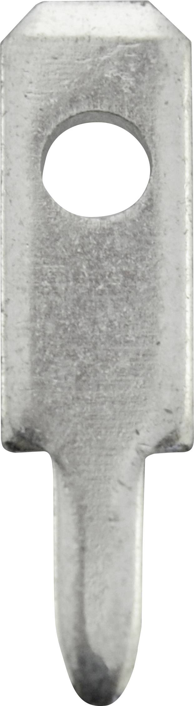 A silver metal pin with a round hole in the middle and a narrow, pointed edge at the bottom.
