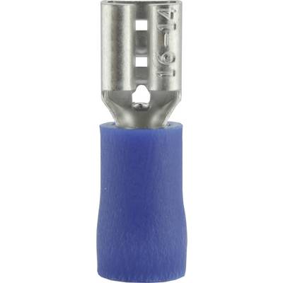 A blue-insulated metal connector with a cylindrical sleeve and an open, square entry aperture, for electrical cable connections.