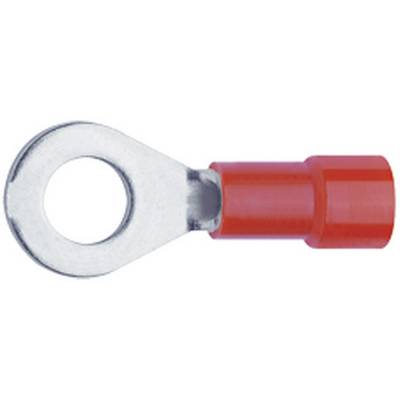 A red metal cable lug with plastic coating, used for connecting cables to electrical devices.