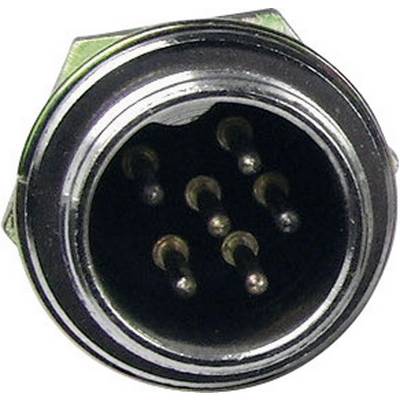 A round, black plug with five silver pins inside. The plug has a metal casing and is used for data transmission.