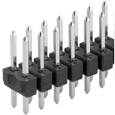 Black and silver pin header with two rows of sharp metal pins, used for electrical connection in electronic circuits.