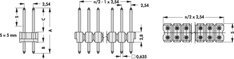 Technical drawing of three electrical connectors with detailed dimensional specifications in millimetres. A single connector on the left, with top views grouped side by side in the centre and on the right.