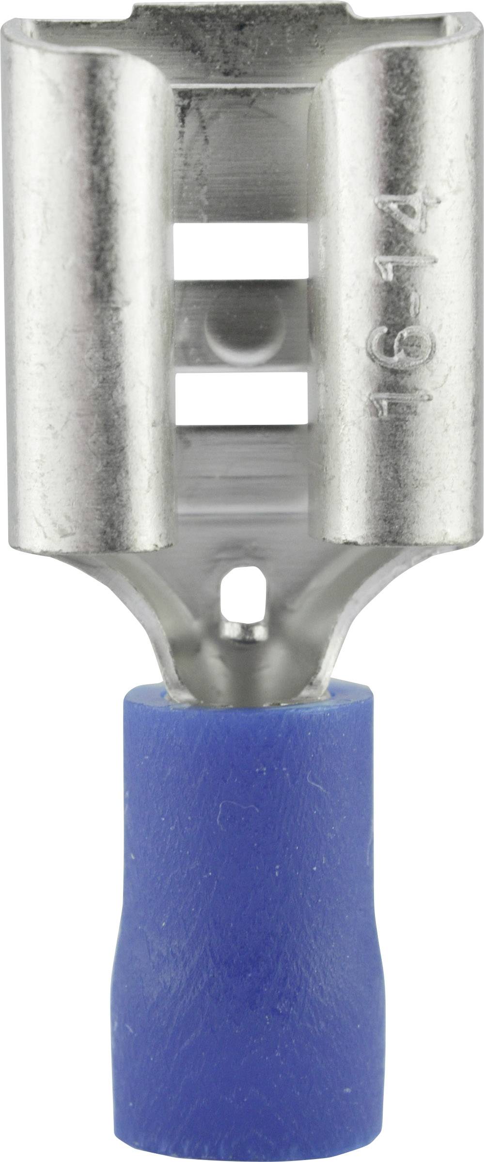 Metal clip with blue plastic insulation, suitable for electrical connections, shows front view with visible mounting aperture.