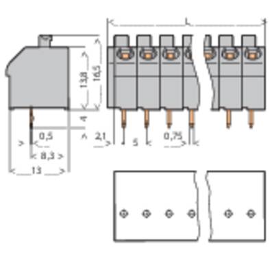 Technical drawing of a fixing element with dimensions and screw positions. Shows front and side views along with detailed views.