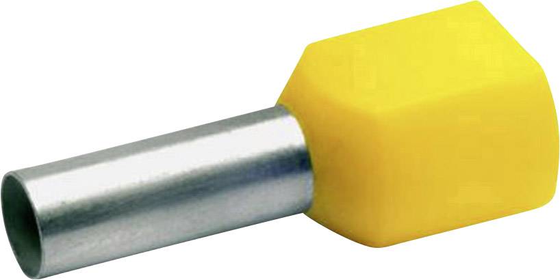 A yellow cable end ferrule with a metal cylinder for secure connection of cable conductors in electrical installations.