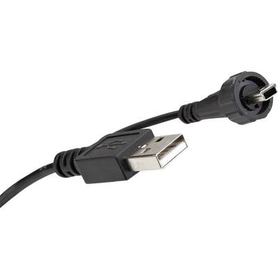 A USB cable with a standard USB plug and a micro-USB plug, used for charging devices or data transfer.