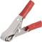 A metal clip with red plastic handles, typically used for securing materials or wires.