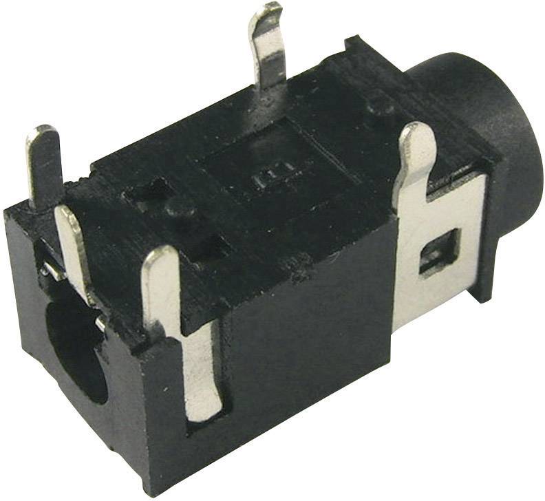 Black audio jack with multiple metal pins; used for connecting audio devices.