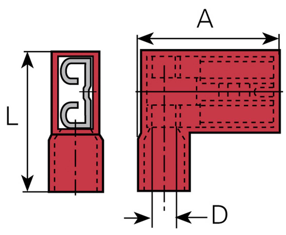 Technical drawing of a red L-shaped profile with dimensions L, A, and D, showing its internal structure and measurements.