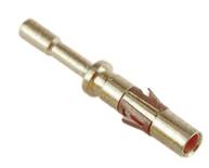 Metallic electrical plug contact, cylindrical, with side retention clips, used for secure electrical connections.