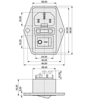 'Technical drawing of a network switch with dimensions: 28.50 mm width, 40 mm width, 54 mm height, 58 mm overall height.'