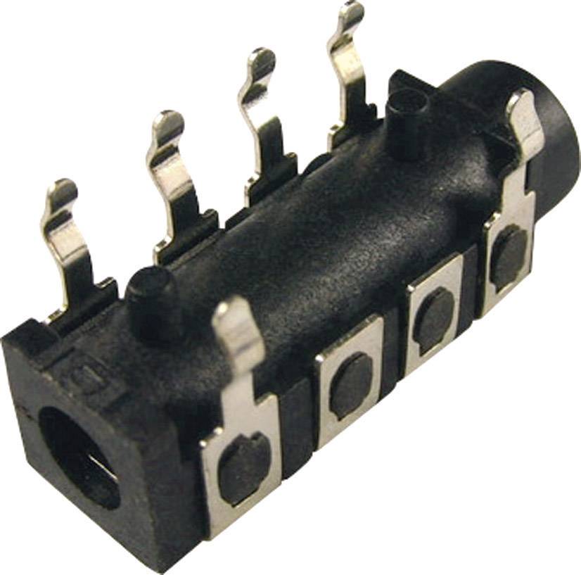 Black audio socket with four metal contacts, arranged laterally.