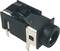 'Black and silver audio socket, rectangular, with multiple metal connections for printed circuit board mounting.'