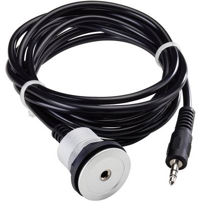 A black audio cable with a silver connector on one side and a 3.5 mm jack plug on the other side, coiled up.