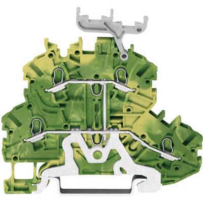 Green and yellow cross-section model of an electrical terminal strip with internal connections, demonstrating its structure and functionality.