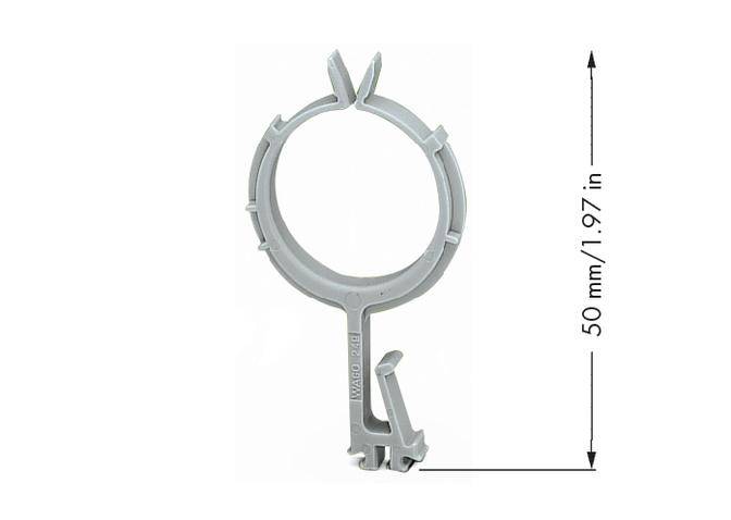 A grey plastic clip, round with a mounting bracket at the bottom. To the right is a measurement line indicating '50 mm / 1.97 in'.