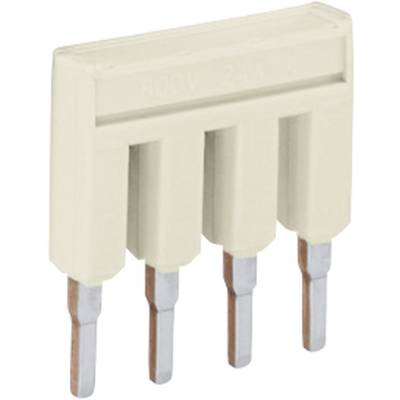 A four-pin connector made of metal with a beige plastic housing. Suitable for electrical applications.