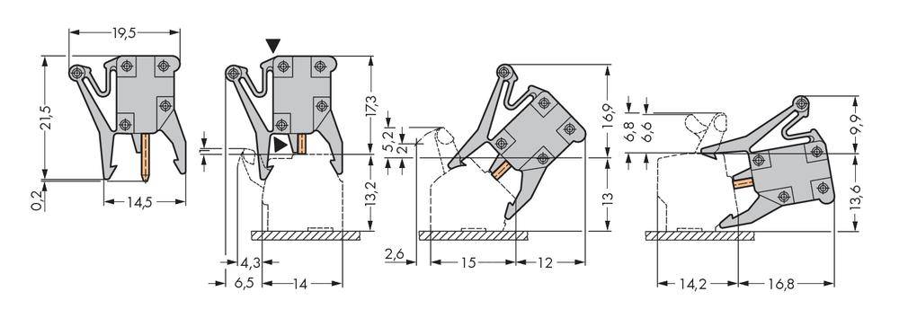 Technical drawing of a mechanical component with various viewpoints and precise dimensional specifications in millimetres.