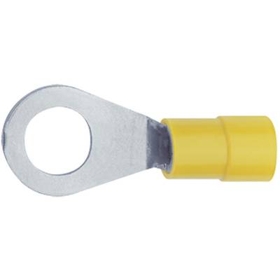 A yellow cable lug with a ring terminal and metal plate for connecting cables in electrical applications.