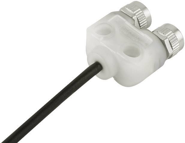 A white cable clip securely holds a black cable in place. Two silver screws are used for fastening.